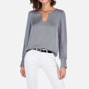 Express Cross Front Button-Cuff Blouse